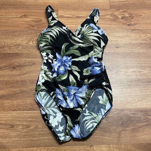 Lands End Womens Black Blue Green Floral Wrap Front One Piece Swim Suit Size 10 - Picture 1 of 8